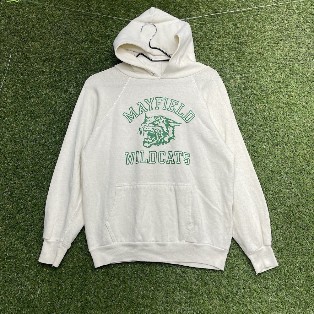 Vintage 70s Gap Sweatshirt Mens Medium White Hoodie USA Made Mayfield Wildcats
